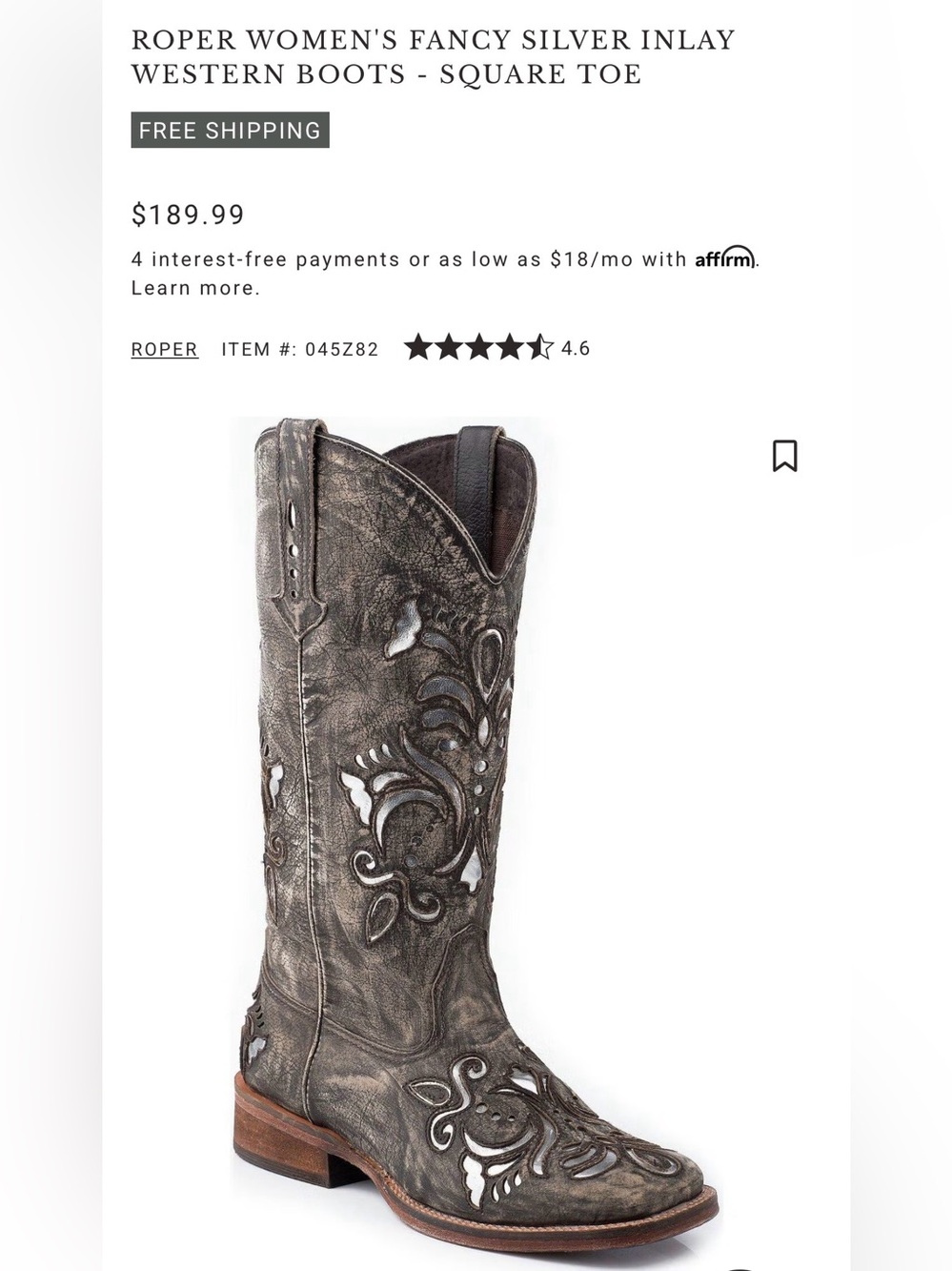 Roper Women's Distressed Gray Embossed Leather Western Boot